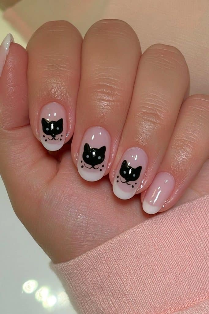 Sheer pink nails with tiny black cat faces, dot eyes, whiskers, and pointed ears