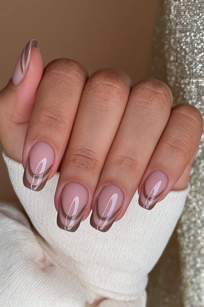 Double French mocha nails with delicate coffee-brown lines and a sheer neutral base