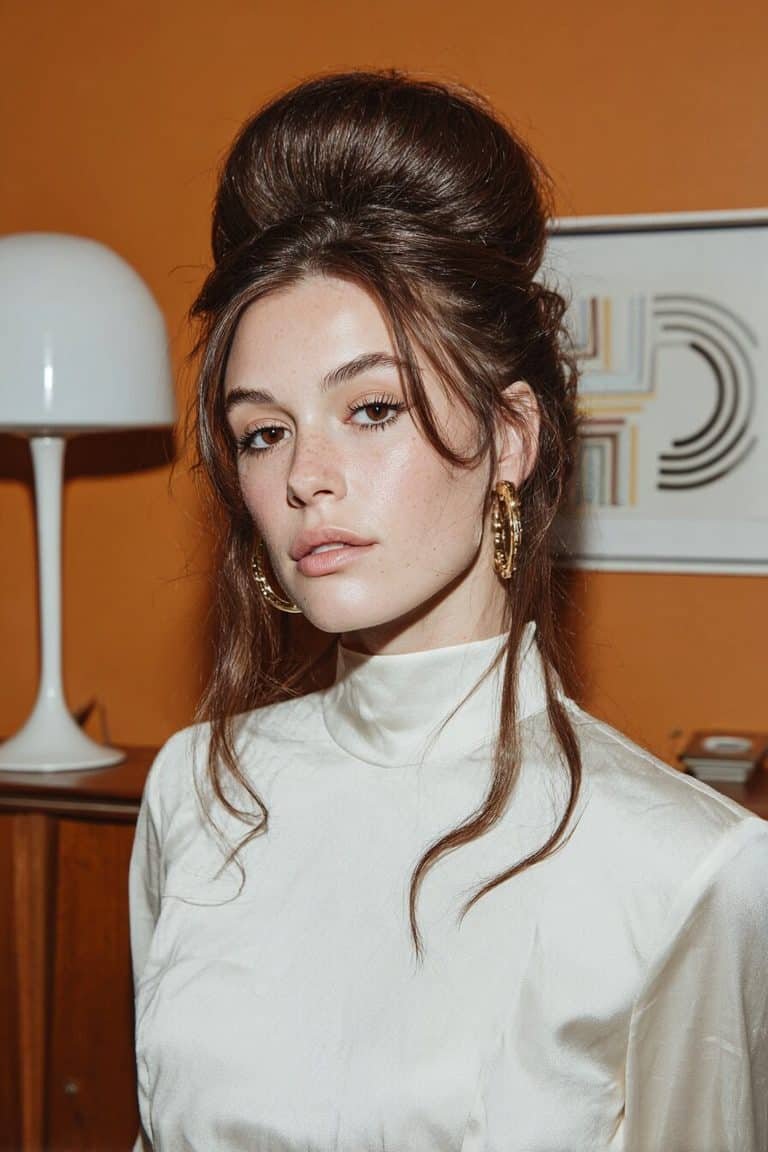 Dramatic 1960s bouffant beehive with tall brunette crown volume, sleek sides, and a sculpted vintage silhouette