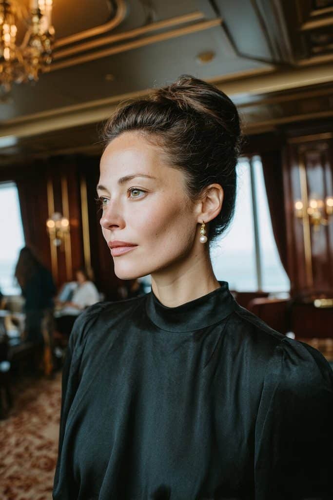 Elegant evening beehive with a graceful elevated crown, polished espresso hair, and a sophisticated vintage silhouette