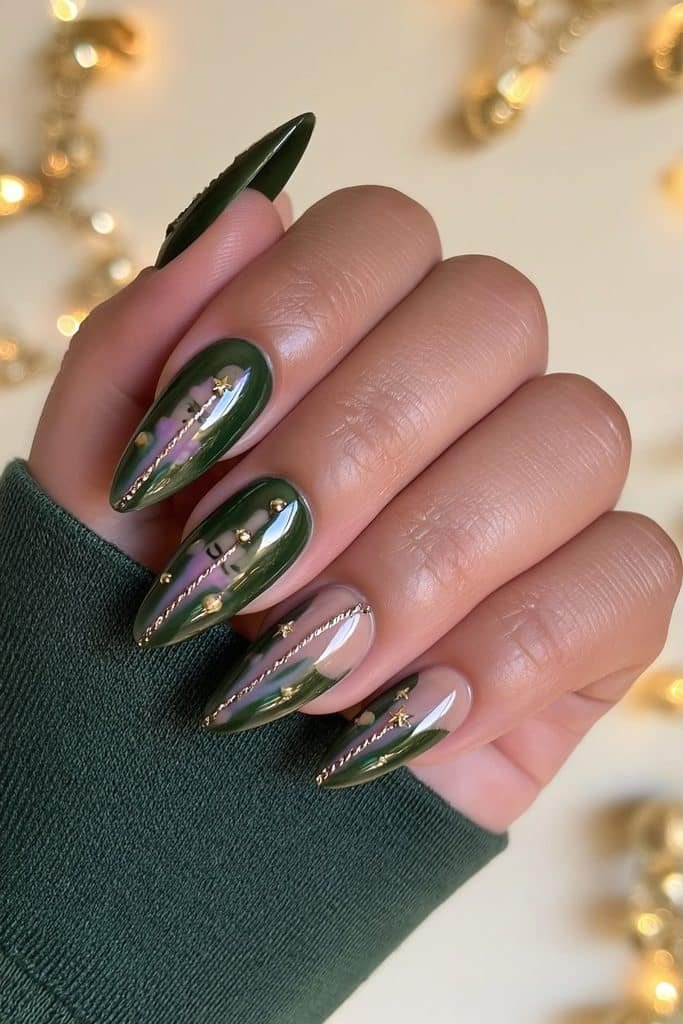 Emerald-green nutcracker nails with metallic gold braid, tiny buttons, and star ornaments