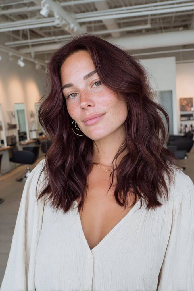 Espresso mulled wine hair with nearly black roots and subtle black-cherry reflections