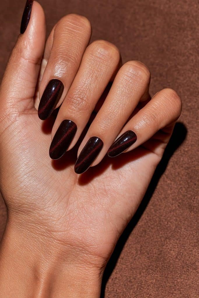 Espresso red cat eye nails blending dark brown, oxblood, and cherry-red tones with glowing burgundy magnetic stripes.