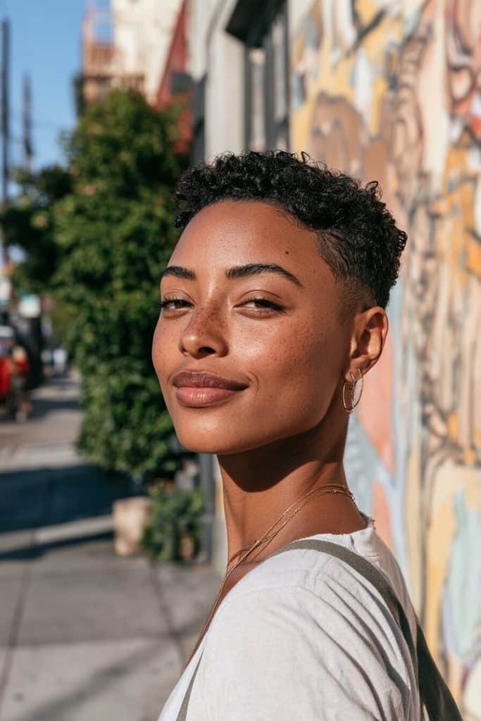 Faux fade pixie cut for Black women with closely tapered sides, a textured top, and clean barber detailing.