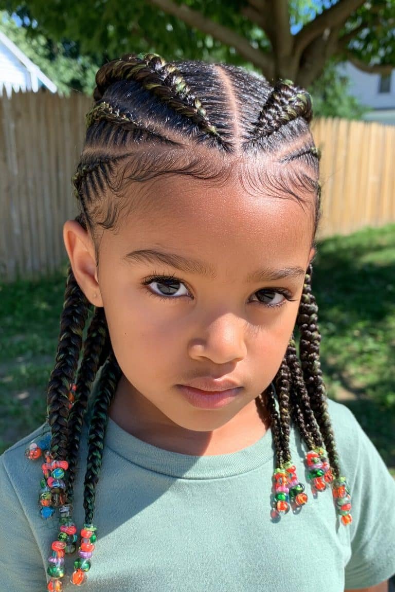 Kids feed-in braids with gradually thickening cornrows, evenly spaced sections, and colorful beaded ends.