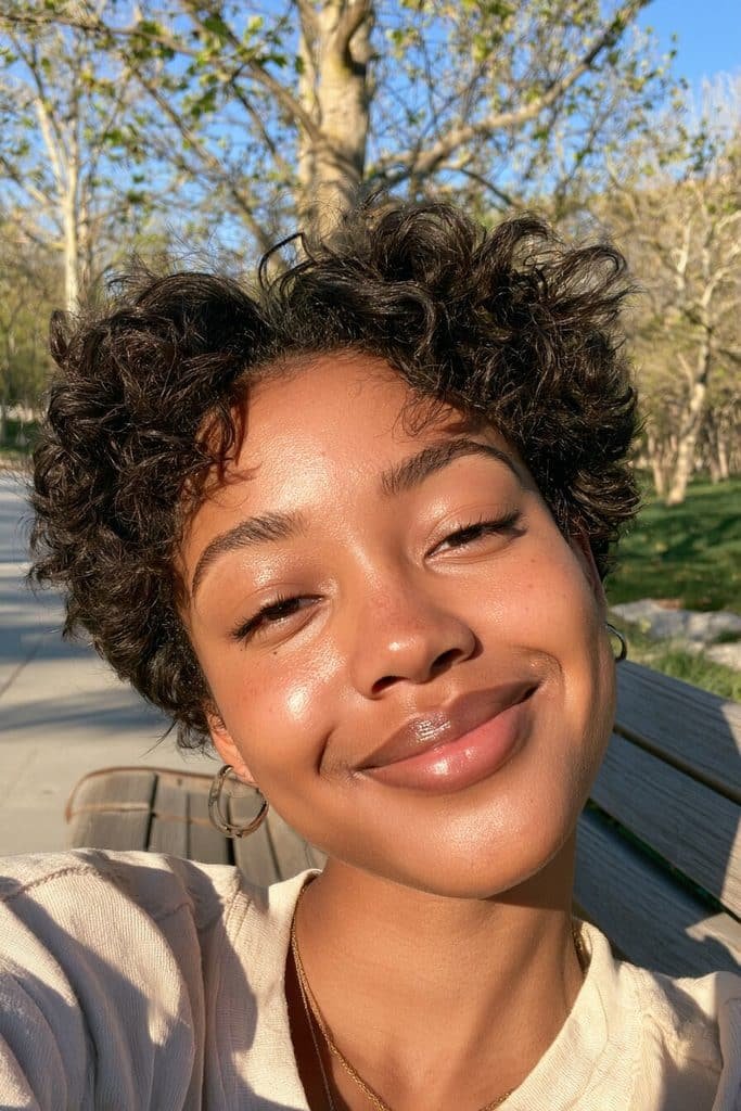 Fluffy pixie cut for Black women with airy short curls, soft rounded layers, and natural lightweight volume.