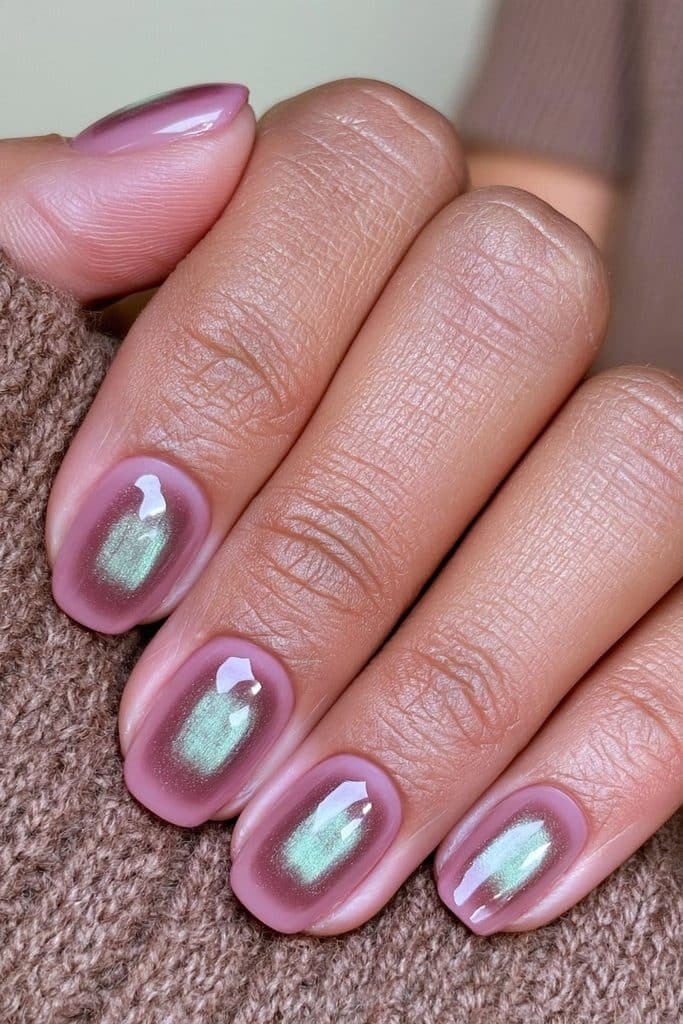 Forest green cat eye nails with a smoky mocha-brown aura and a soft emerald magnetic glow.