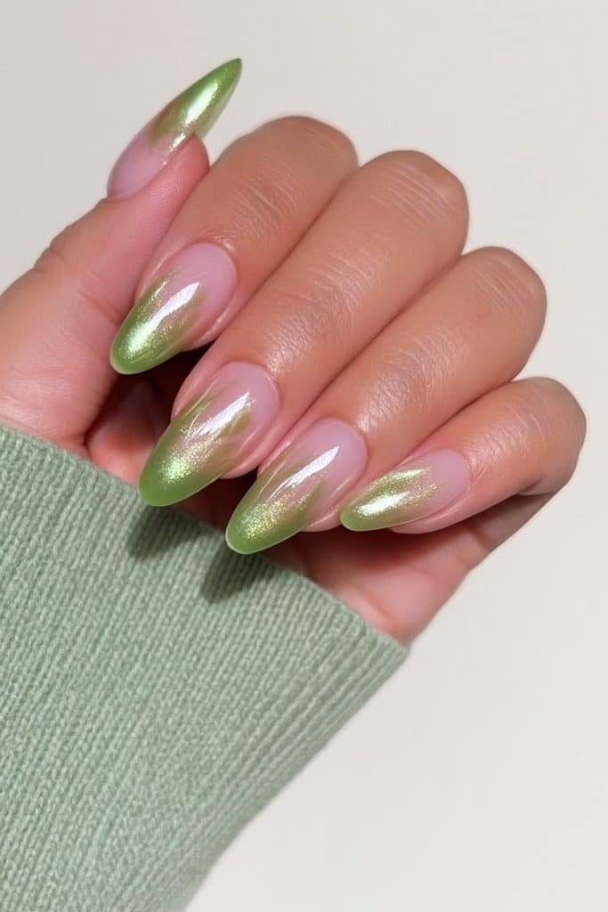Fresh green jelly nails with translucent apple green and soft emerald tones
