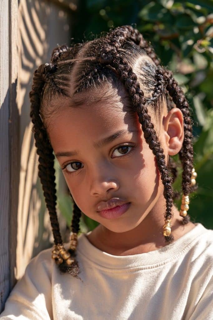 Kids Fulani-inspired braids with a central cornrow, neat side braids, and delicate gold-tone beads.