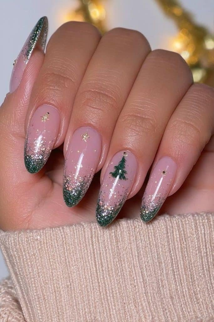 Emerald glitter ombre Christmas tree nails with delicate gold accents