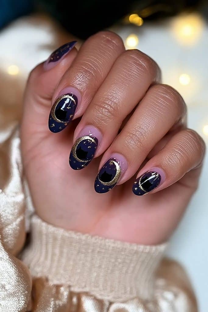 Black cat nails with golden crescent moons, tiny stars, and celestial details