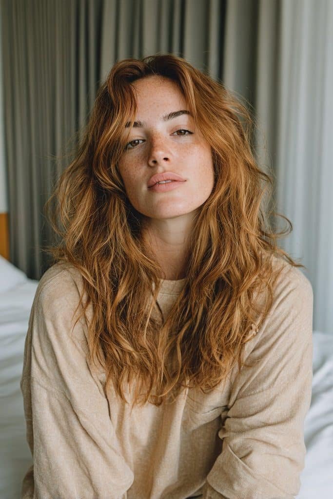 Golden maple brown hair with soft golden ribbons and warm amber reflections