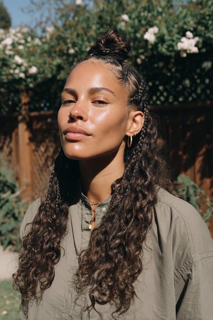 Half-up boho knotless braids with a relaxed high half-up style, cascading plaits, and loose curly tendrils.