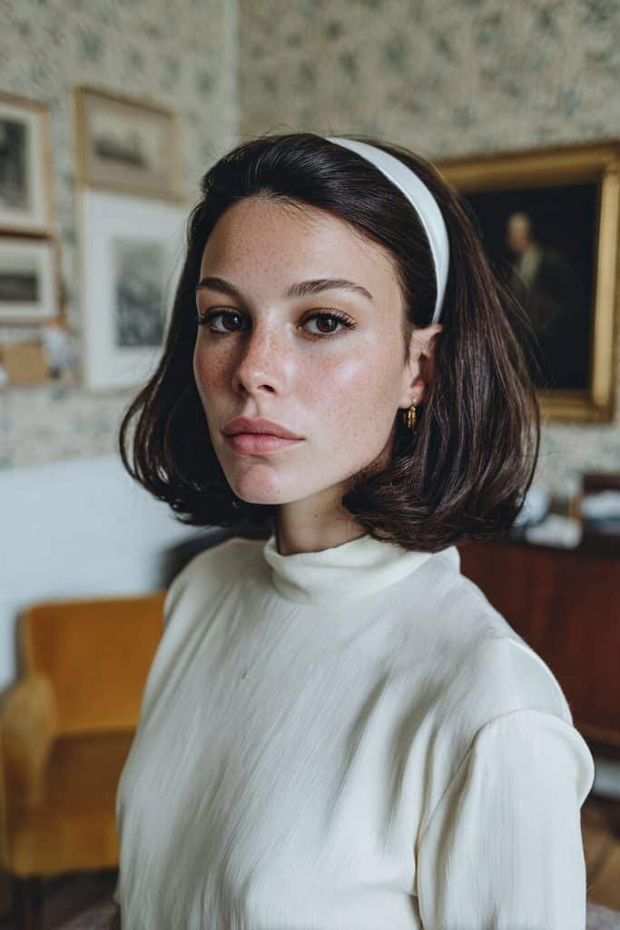 Classic beehive hairstyle with a softly teased crown, smooth auburn hair, and an elegant satin headband
