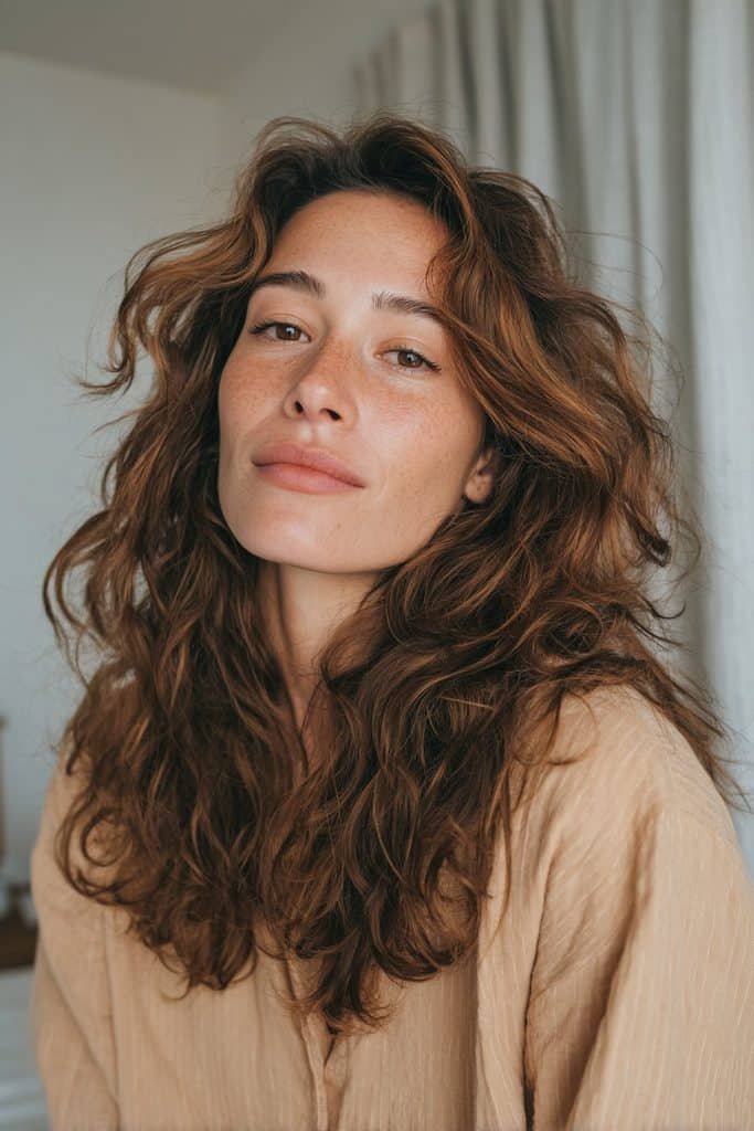 Honey-touched maple brown hair with soft golden ribbons throughout