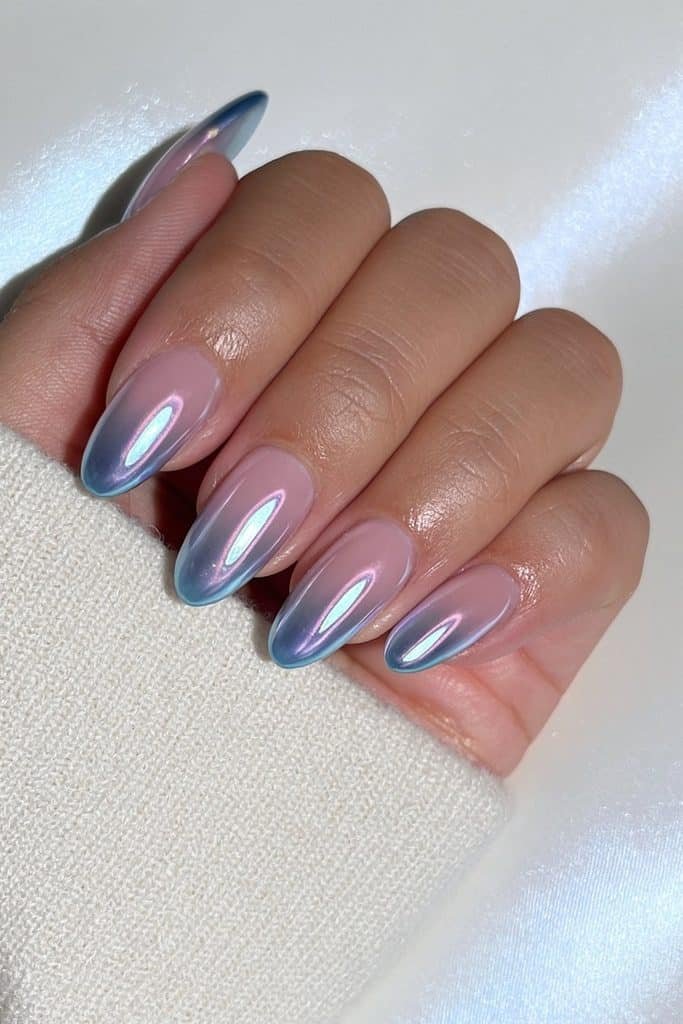Translucent icy blue jelly nails with aqua undertones and glossy glass-like depth