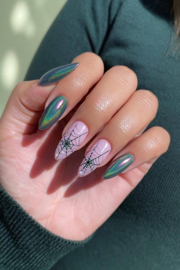Iridescent emerald spider web nails with teal and olive reflections and delicate black web lines