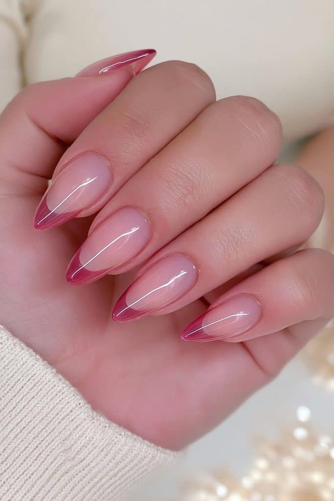 Milky pink jelly nails with delicate translucent blush French tips and glossy shine