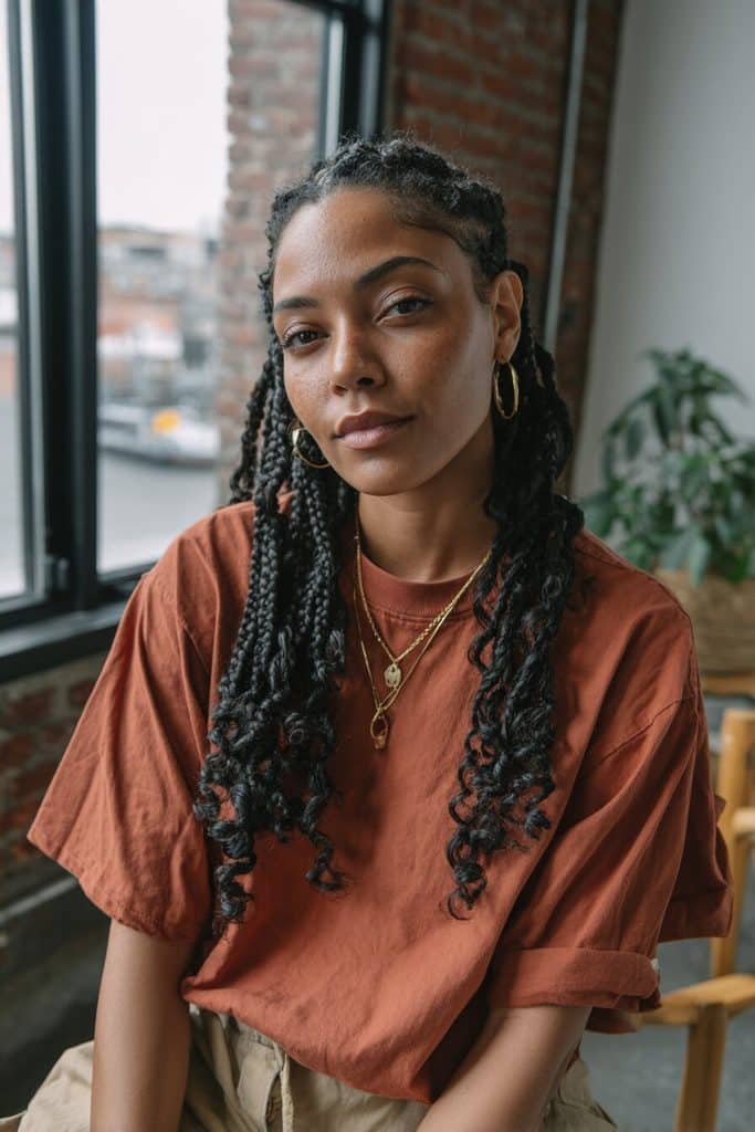 Jumbo boho knotless braids with large defined black plaits, clean roots, and generously sized loose curls.