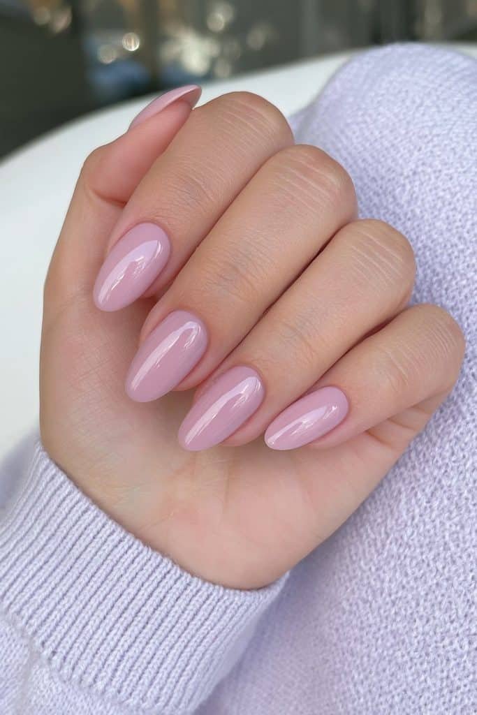 Lavender milk plum nails with creamy lilac tones and a translucent glossy finish
