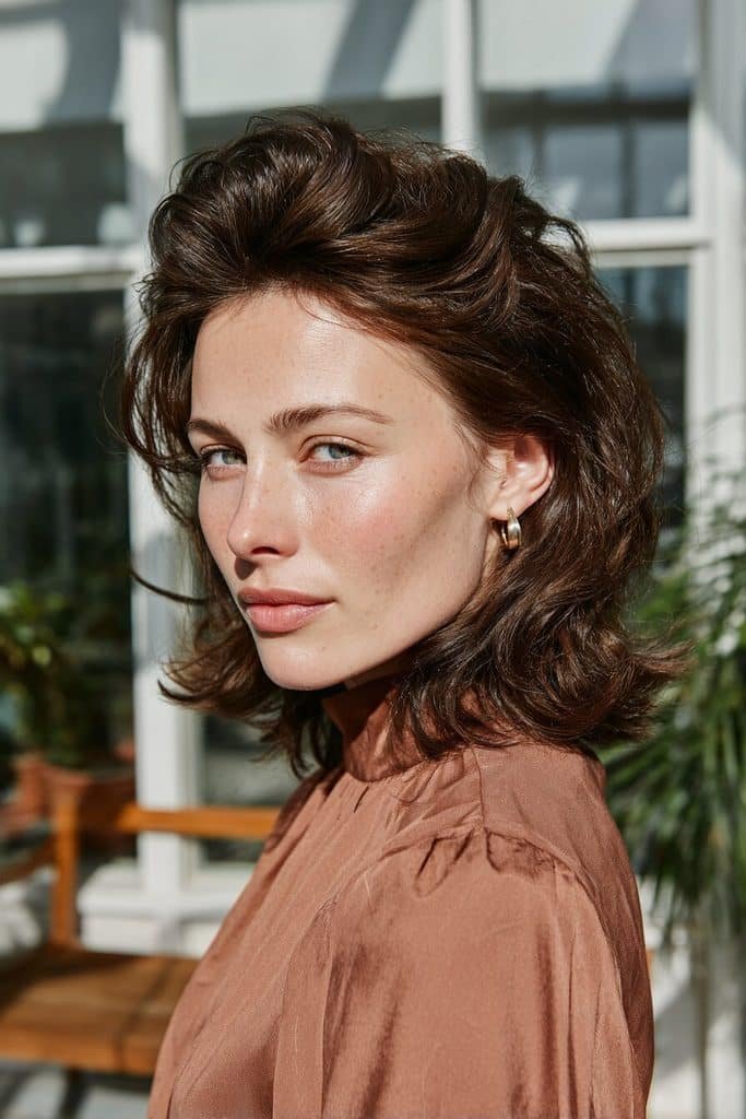 Layered beehive hairstyle with elevated crown volume, feathered chestnut layers, and softly tapered ends