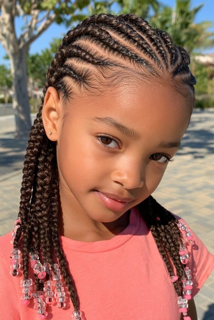 Kids lemonade braids with curved diagonal cornrows swept to one side and pink and clear beads.