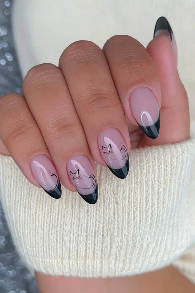 Sheer nude nails with continuous black cat line art and elegant flowing tails