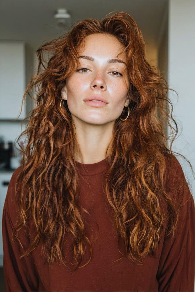 Long layered mulled wine hair with cascading deep burgundy and dark berry tones