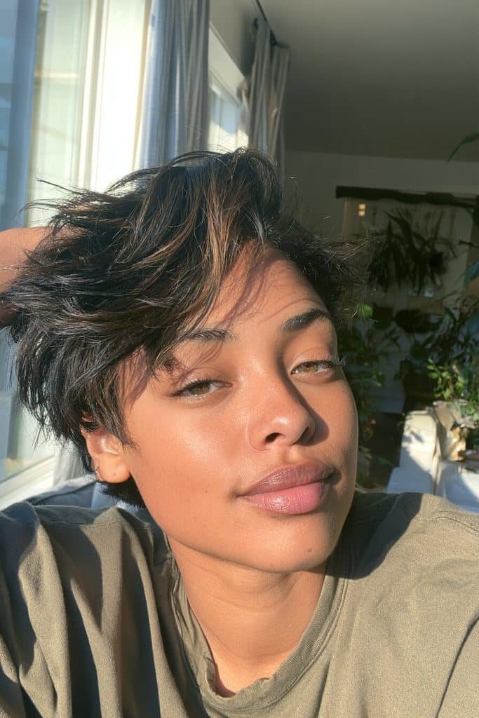 Long pixie cut for Black women with side-swept bangs, textured front strands, and neatly cropped sides.