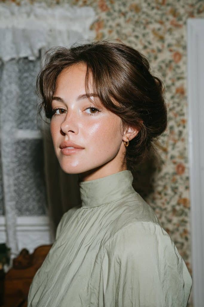 Low beehive hairstyle with subtle crown lift, a softly rounded shape, and smooth medium-brown hair gathered at the nape
