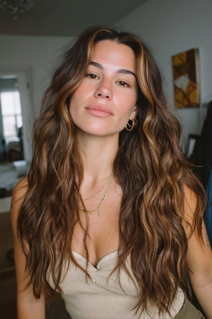 Maple brown balayage with natural brunette roots and golden ribbons