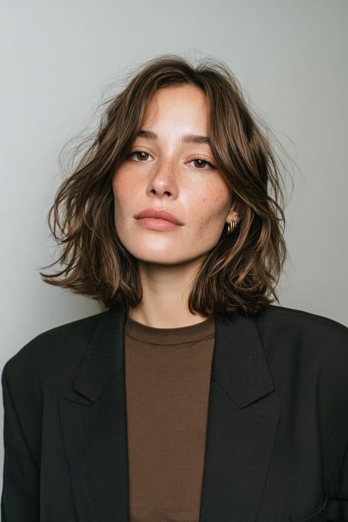 Layered maple brown bob with warm brunette and golden-maple ribbons