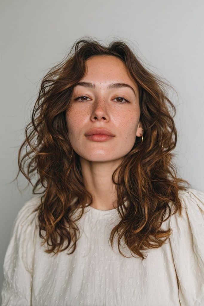 Maple brown hair with softly blended warm caramel highlights