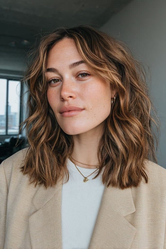 Maple brown hair with subtle golden money pieces framing the face