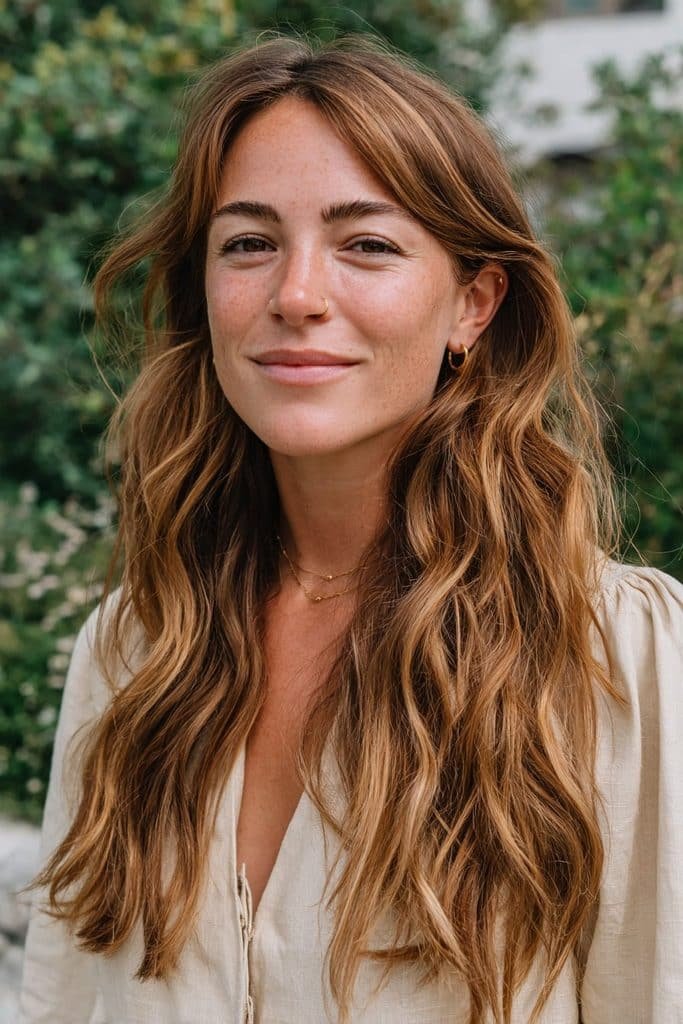 Maple brown ombré fading from dark brunette roots to warm golden ends