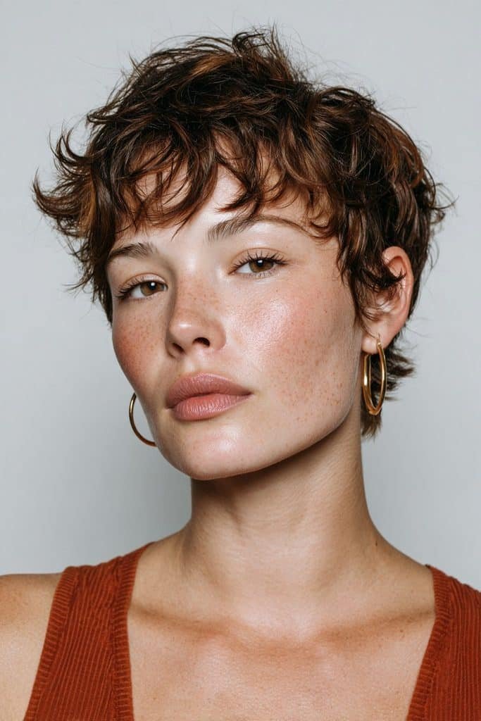 Textured maple brown pixie cut with warm maple and amber reflections