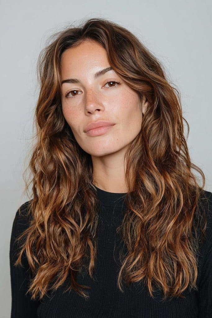 Maple brown hair with a seamless dark brunette root smudge
