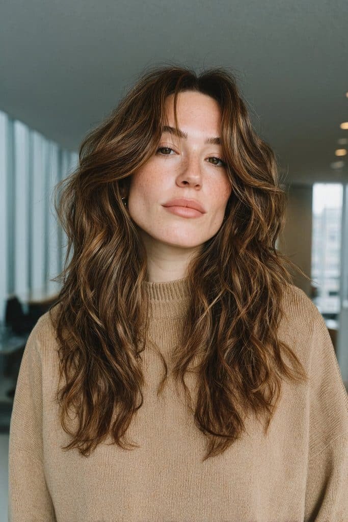 Maple brown hair with softly blended brunette roots and subtle grey strands