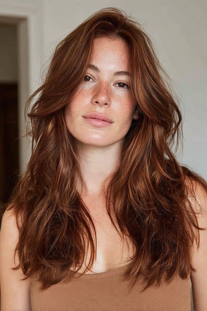Maple brown hair with natural-looking grey coverage and warm caramel dimension