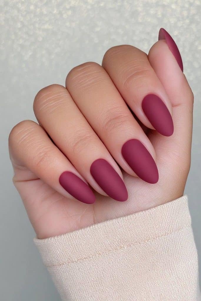 Deep burgundy matte nails with rich wine-red color and a smooth velvety finish