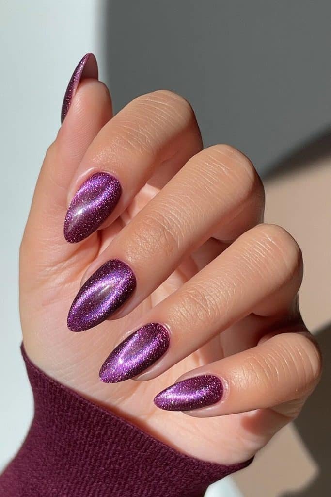 Matte dark purple cat-eye nails with subtle violet magnetic bands and a velvety finish