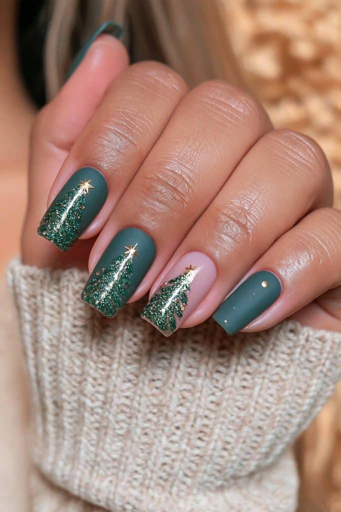 Matte forest-green nails with contrasting glossy Christmas tree designs and gold stars