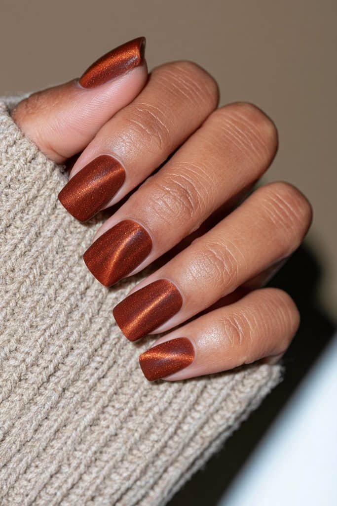 Matte velvet orange cat eye nails with a soft, suede-like shimmer.
