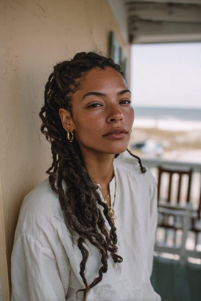 Messy beachy boho knotless braids with relaxed dark-brown plaits, airy curls, textured ends, and wind-swept movement.