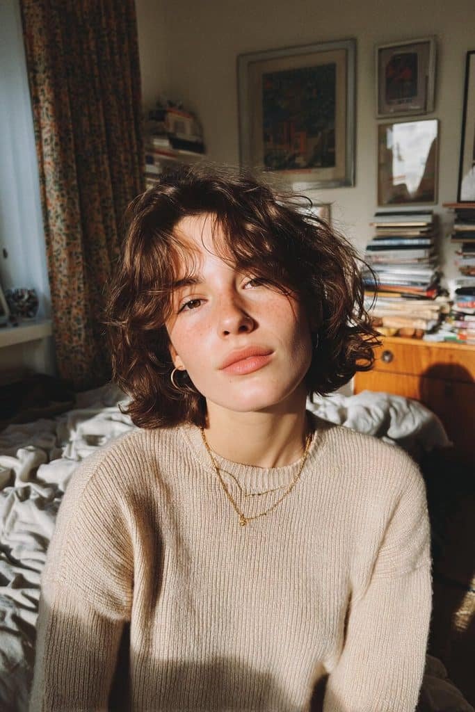 Messy beehive hairstyle with airy crown height, loosely teased brunette texture, and soft escaping strands