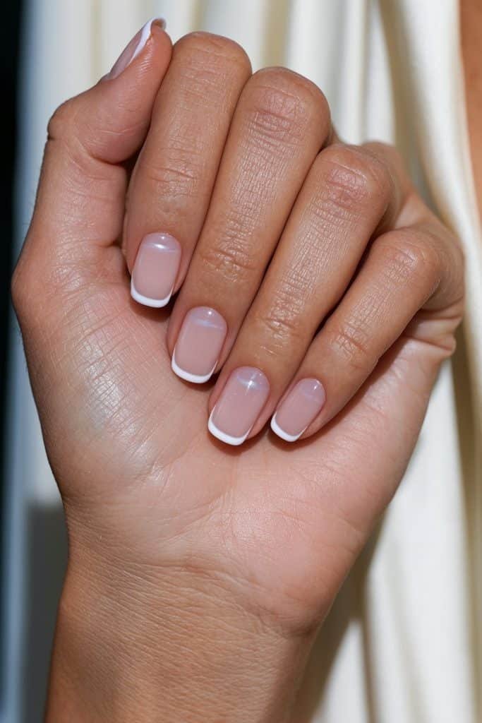 Micro French cat eye nails with delicate magnetic white lines on sheer natural-looking bases