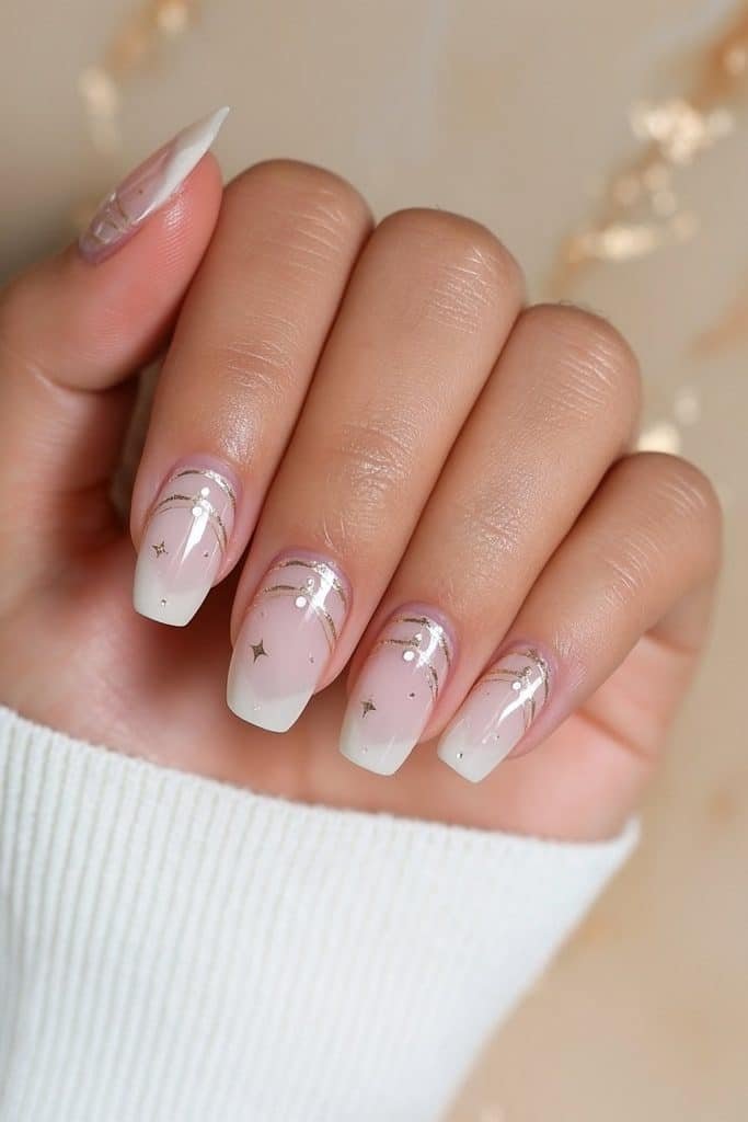 Milky white almond nails with elegant gold nutcracker uniform linework and tiny stars