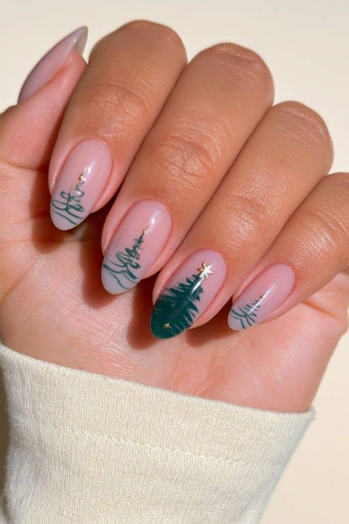 Minimalist dark-green Christmas tree line art on translucent milky nude nails