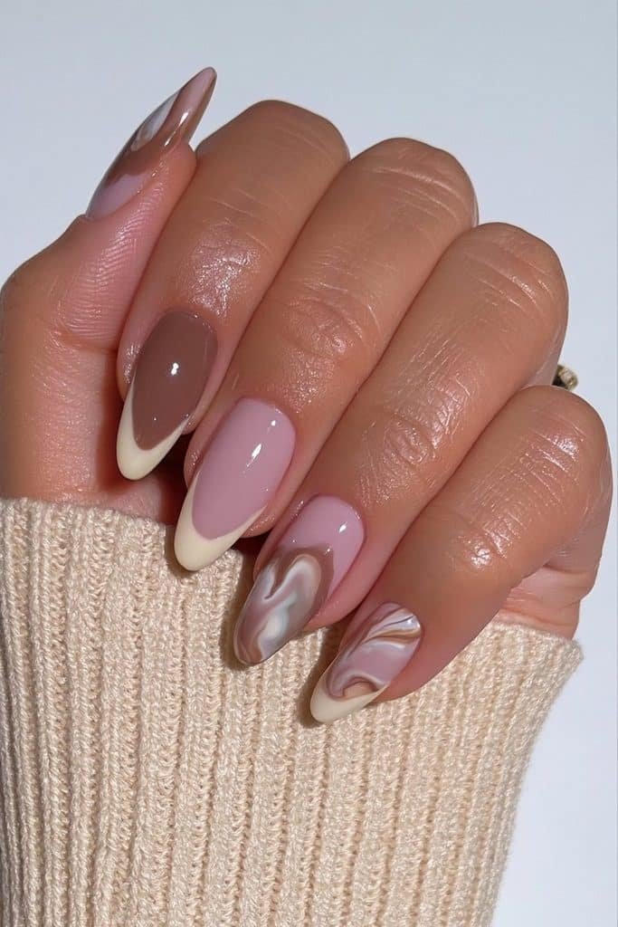 Mix and match mocha mousse nails with glossy brown polish, French tips, and latte swirls