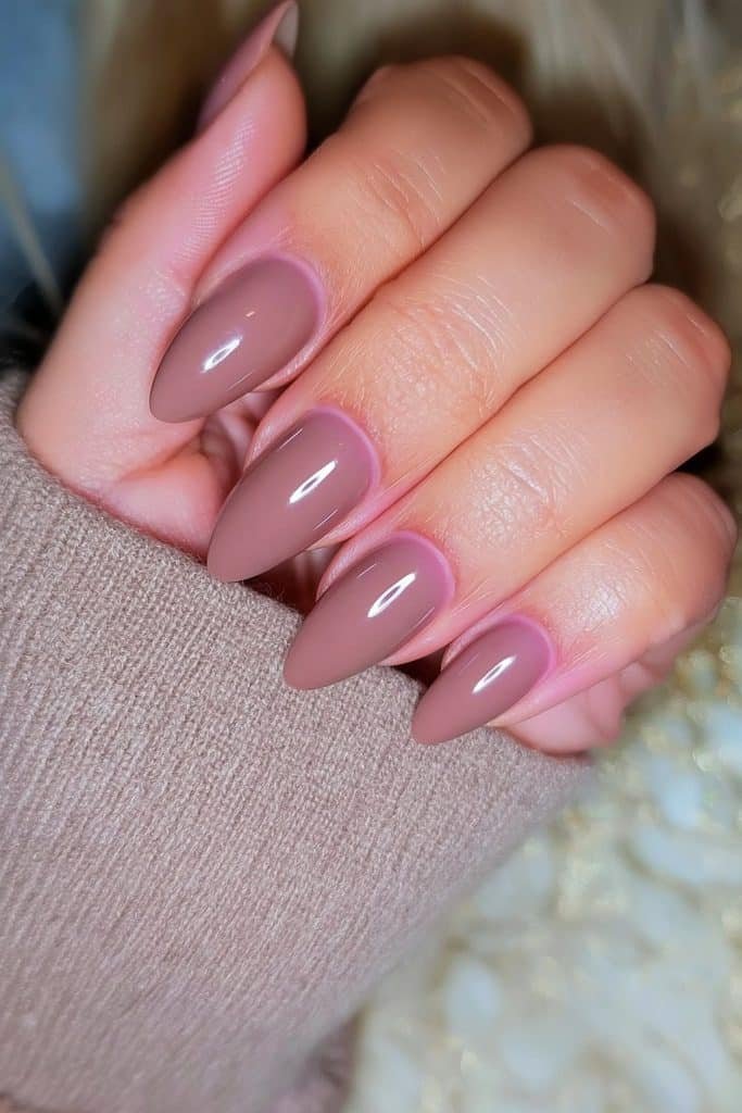 Mocha mousse almond nails with warm coffee-brown tones and luxurious glossy shine